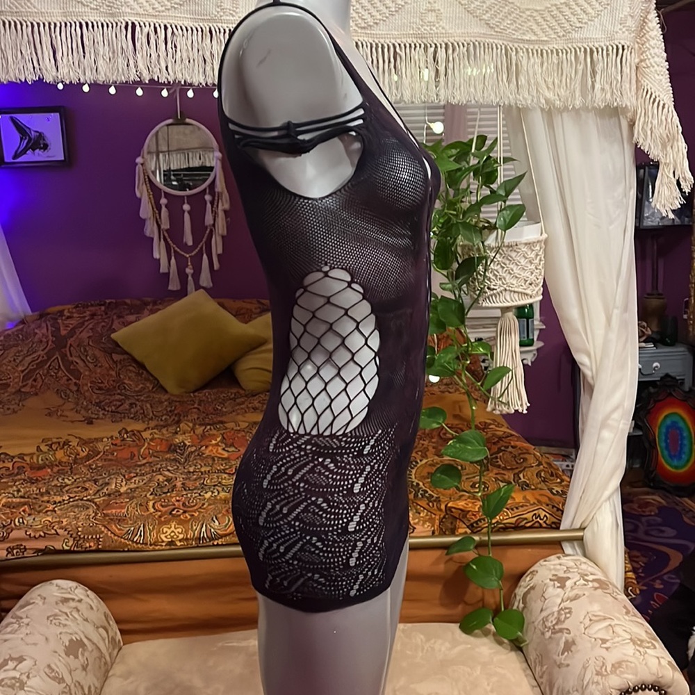 Dark Tie Dye Purple Goth Grunge mini fishnet cutout dress - Picture 2 of 4